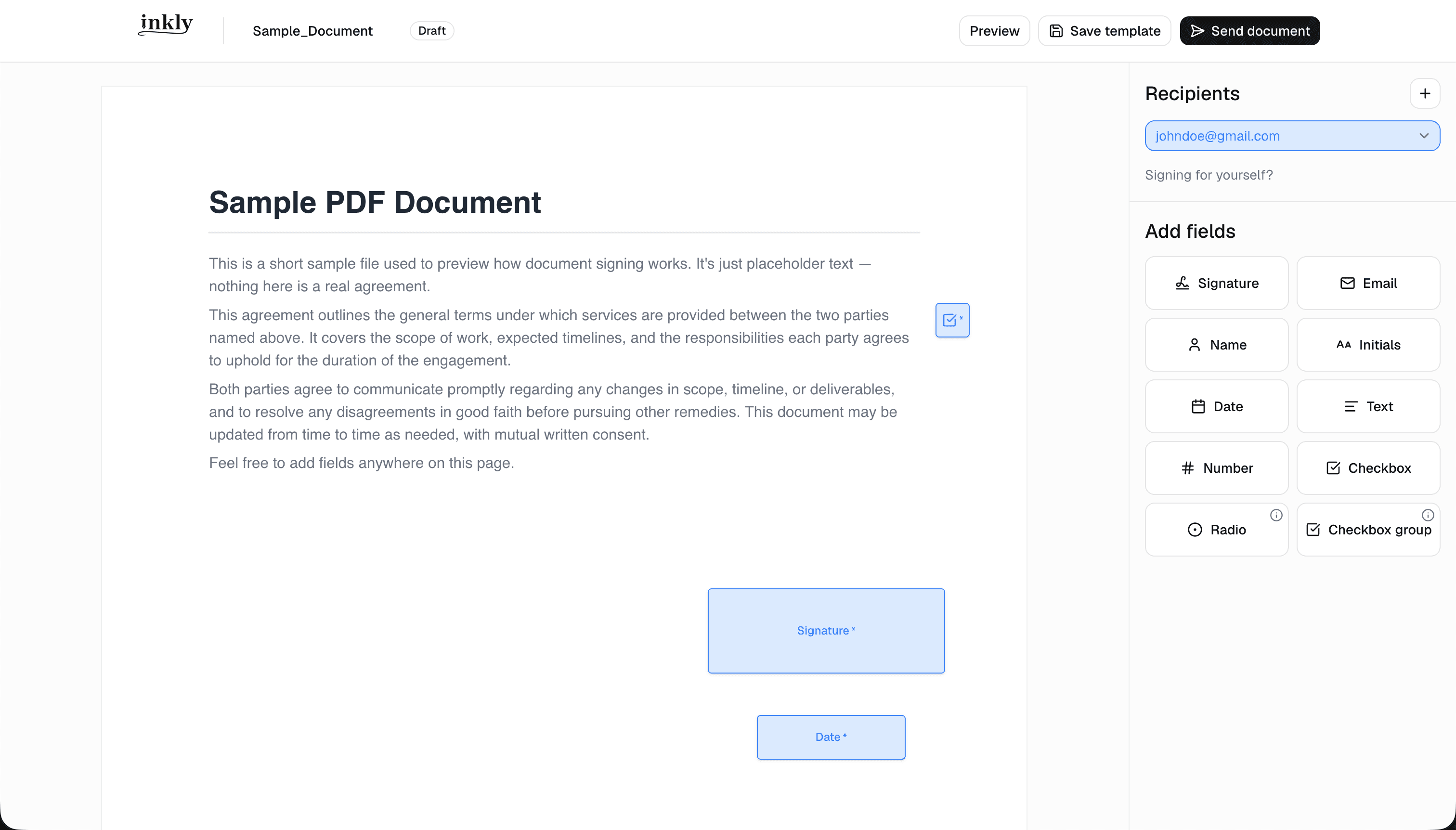 Inkly document editor with signature and date fields placed on a sample contract