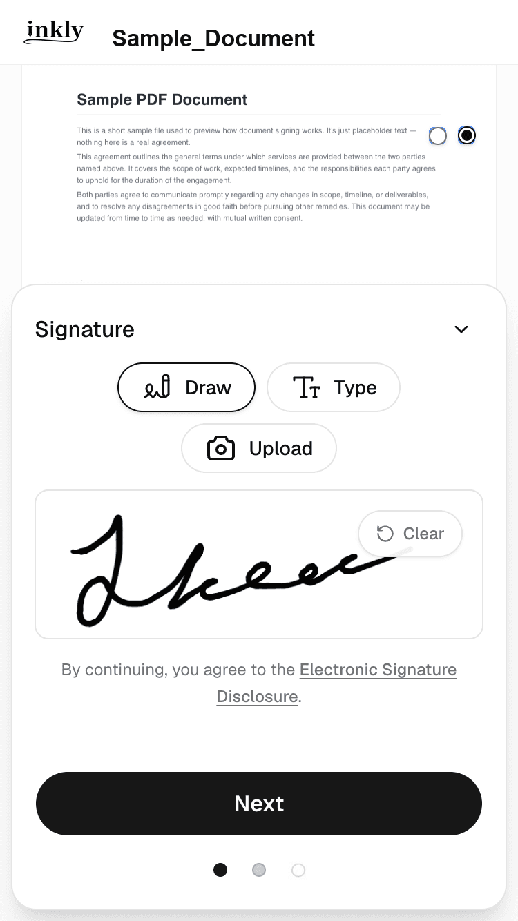 Signer drawing their signature on the Inkly signing page on an iPhone