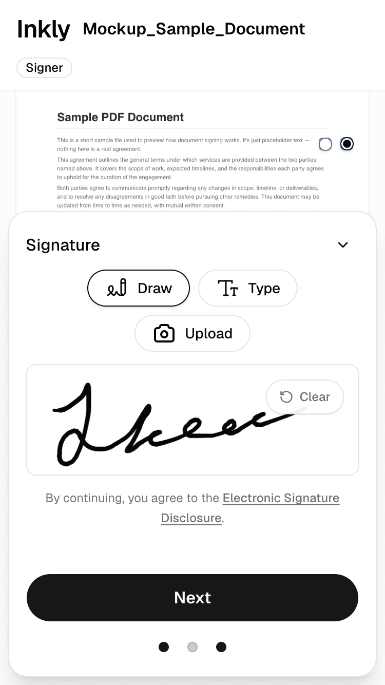 Signer drawing their signature on the Inkly signing page on an iPhone