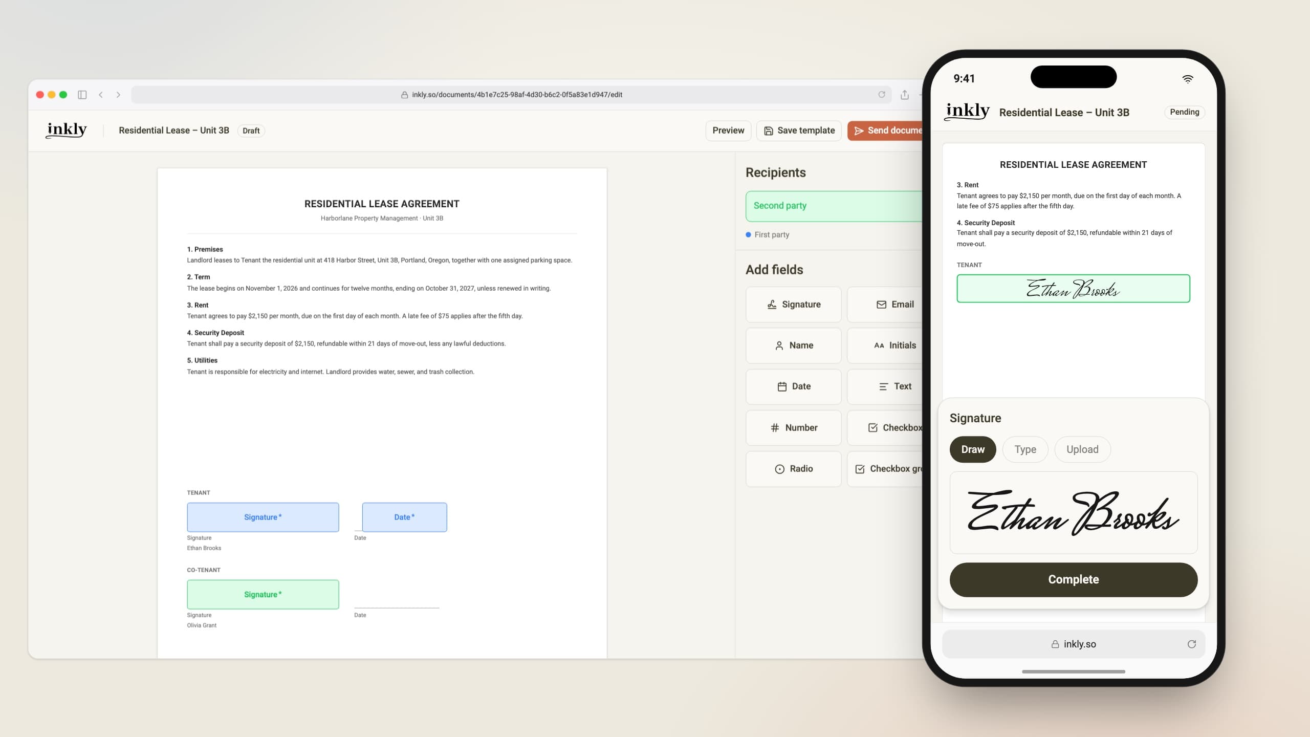 The Inkly editor with signature fields placed on a lease, beside a phone where a signer is signing it