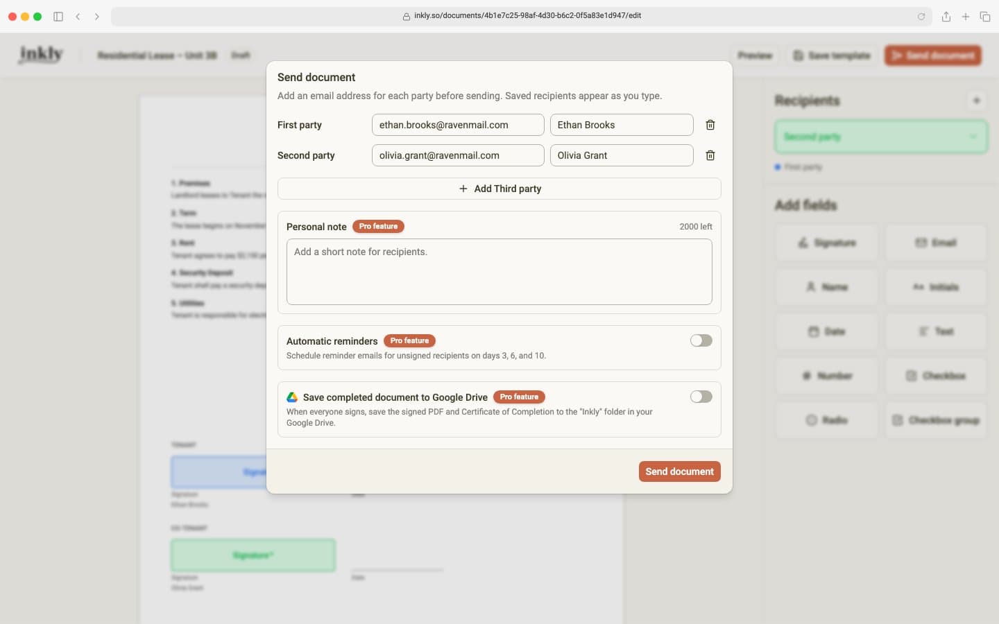 The Send document dialog with an email address and name for each of two signers