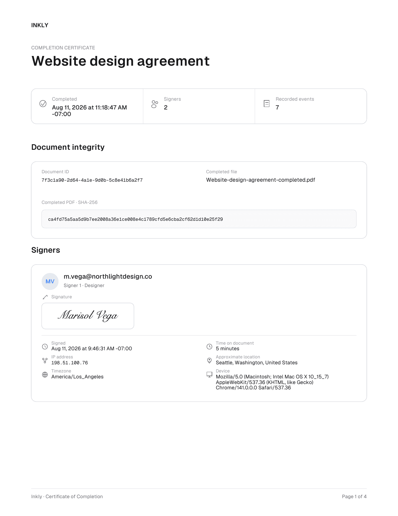 First page of an Inkly Certificate of Completion for a website design agreement, showing the completion time, signer count, and recorded event count, then a document integrity block with the document ID, completed file name, and SHA-256 fingerprint, then a signer card with the captured signature, signing time, time on document, IP address, approximate location, timezone, and device.