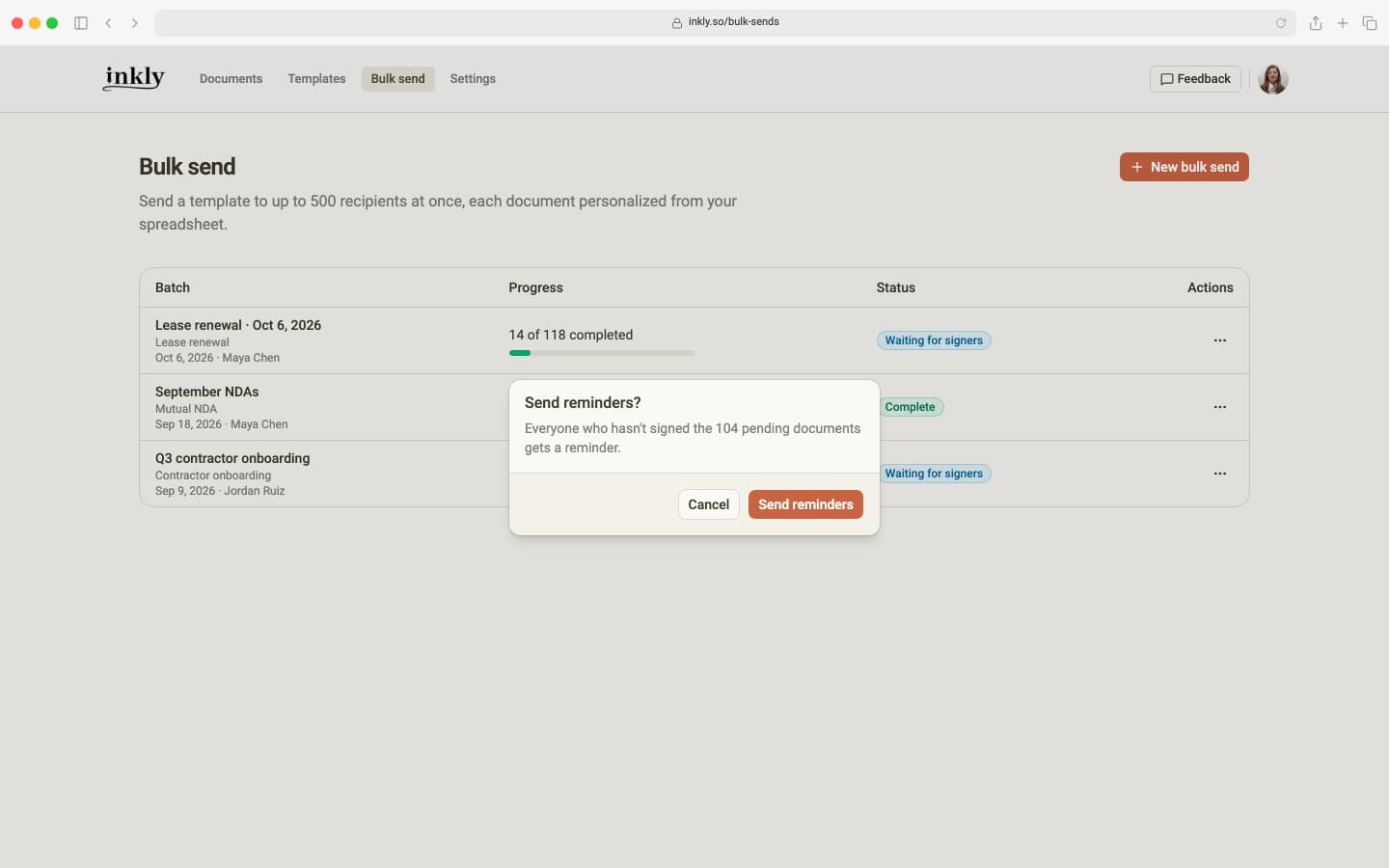 The Bulk send page with a new batch showing 14 of 118 completed and a Send reminders confirmation