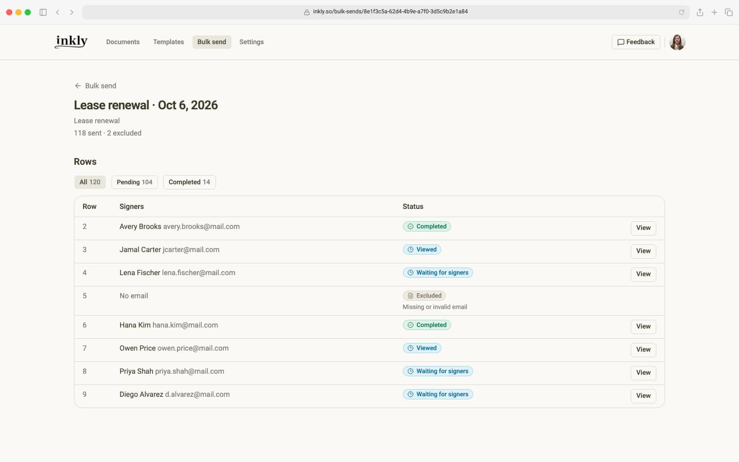 A batch's View details page listing each row with its status: Completed, Viewed, Waiting for signers, or Excluded