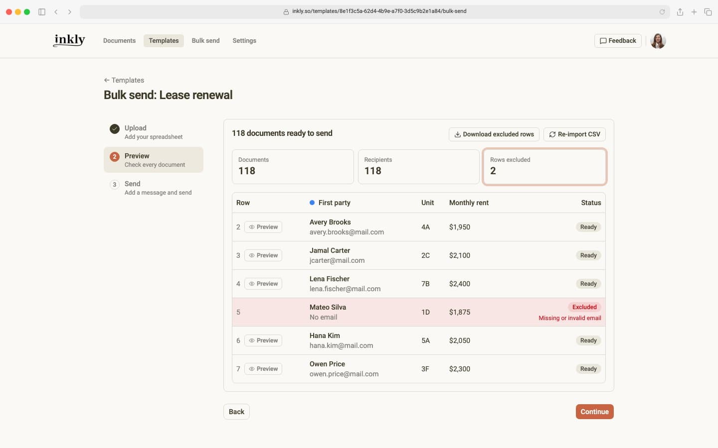 The bulk send preview with 118 documents ready, 2 rows excluded, and one row marked Excluded for a missing email