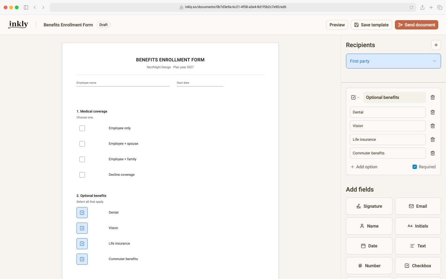 A Checkbox group named Optional benefits with Dental, Vision, Life insurance, and Commuter benefits placed on the form