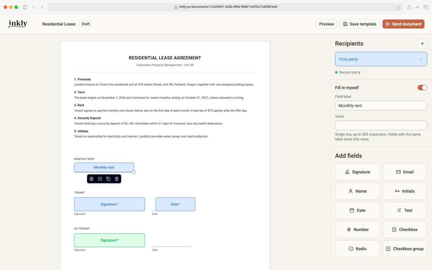 A Text field on the monthly rent line with Fill in myself turned on in the editor's side panel