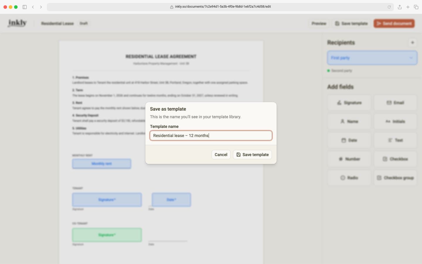 The Save as template dialog with the name Residential lease – 12 months