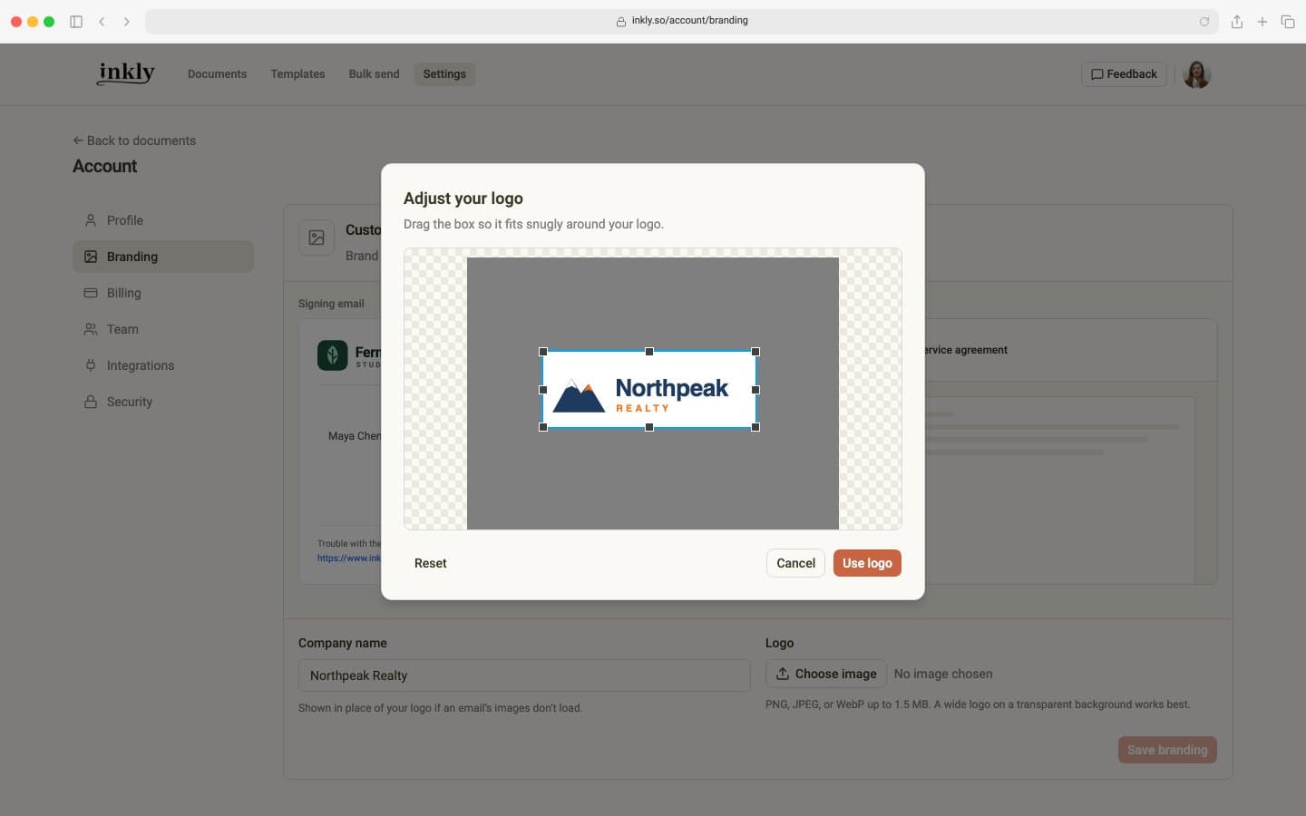 The Adjust your logo window with the crop box fitted around the Northpeak Realty logo