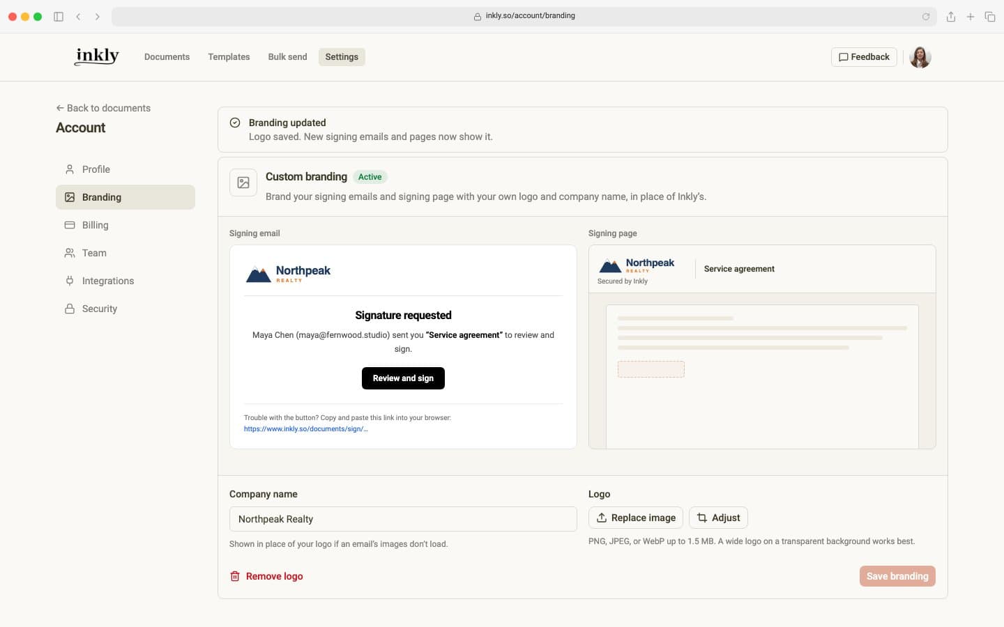 The Branding settings page showing Branding updated and the logo in the signing email and signing page previews