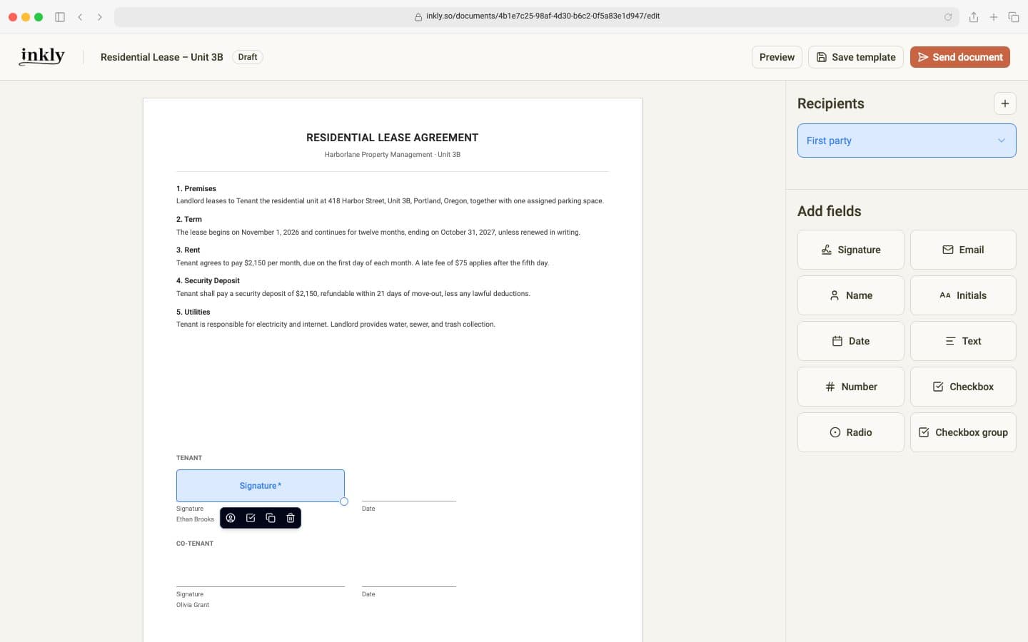 Signature and date fields placed on the tenant's signature line, with First party selected in the editor