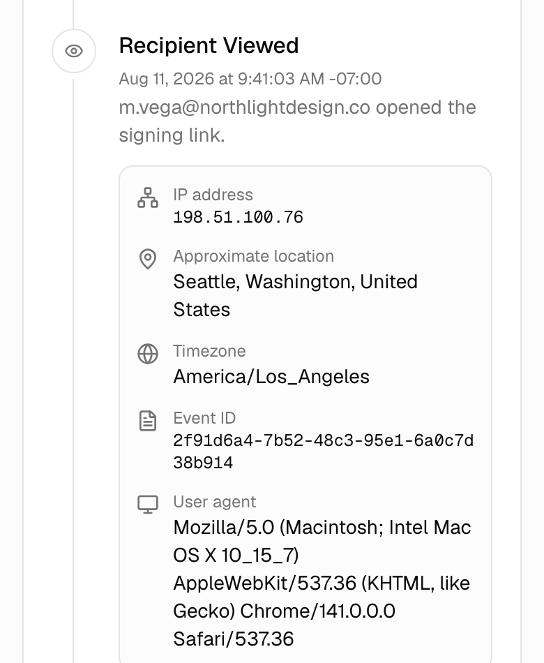 Activity timeline in Inkly showing a recipient viewed event and a recipient signed event, each with the signer, timestamp, IP address, approximate location, timezone, event ID, and user agent.