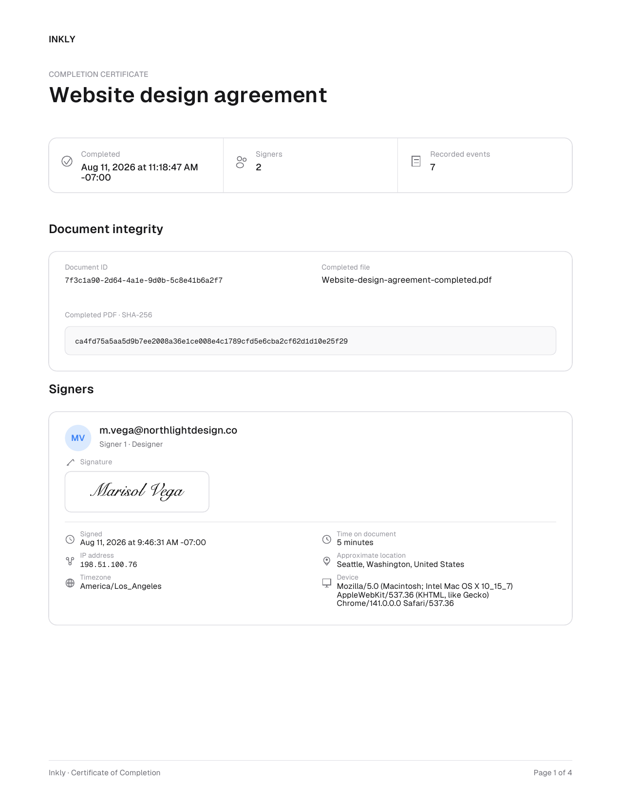 The first page of an Inkly Certificate of Completion, showing the completion time, signer count, recorded event count, the document's SHA-256 fingerprint, and a signer card with their captured signature, signing time, IP address, and approximate location.