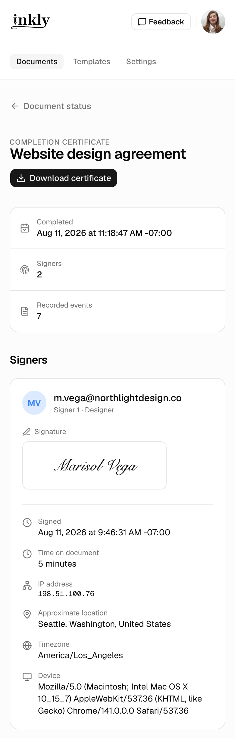 Inkly completion certificate for a website design agreement, showing the completed date, signer count, recorded event count, and a card for each signer with their captured signature, signing time, IP address, approximate location, timezone, and device.