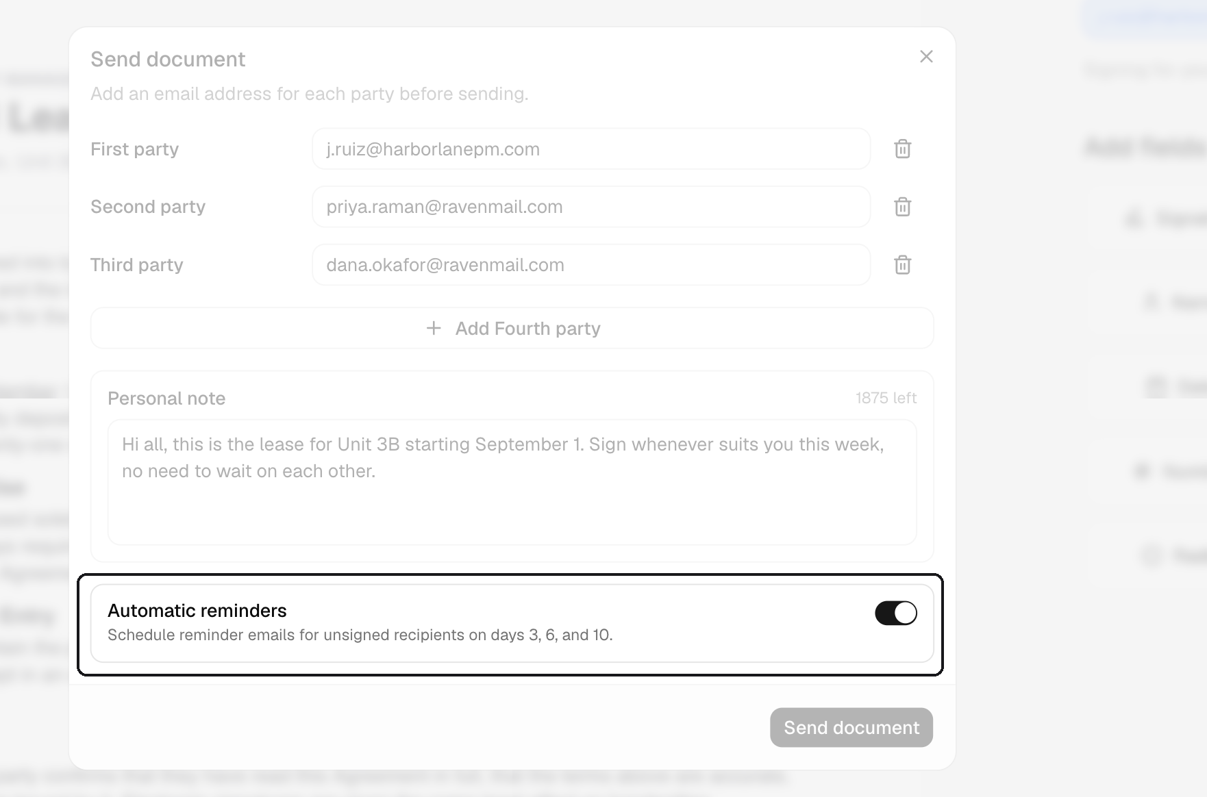 Inkly's send dialog with everything dimmed except the automatic reminders control, which is switched on and reads: schedule reminder emails for unsigned recipients on days 3, 6, and 10.