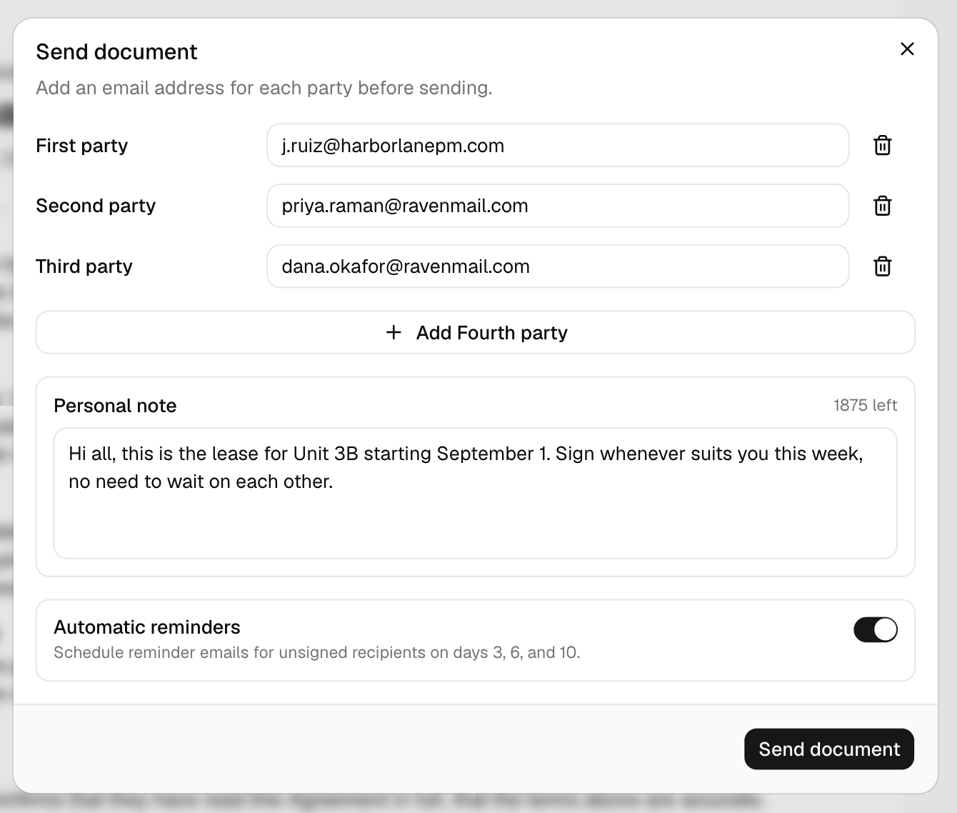 Inkly's send dialog open over the lease in the editor, with an email address entered for the first, second, and third party, an option to add a fourth party, a personal note written to all three, and automatic reminders switched on for days 3, 6, and 10.