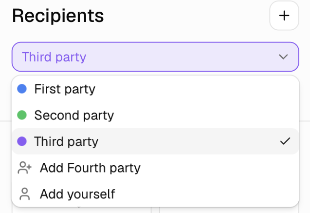 The Inkly editor with a residential lease open. The recipients panel lists a first, second, and third party, each with a coloured dot, and the signature block in the document shows a blue signature and date field for the landlord's agent, green fields for the tenant, and purple fields for the co-tenant.
